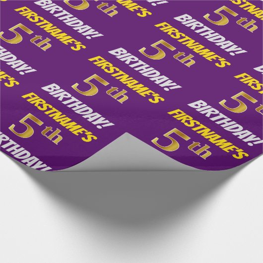 Paarse, Faux/Imitatiegoud, "5e VERJAARDAG" Cadeaupapier (Hoek)