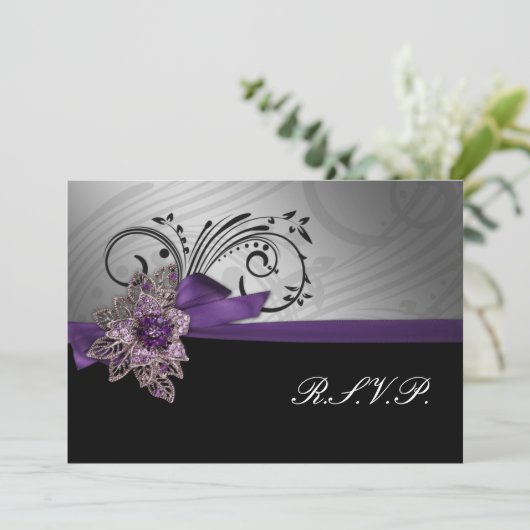 Paarse FAUX ribbon broch Wedding Kaart (Staand voorkant)