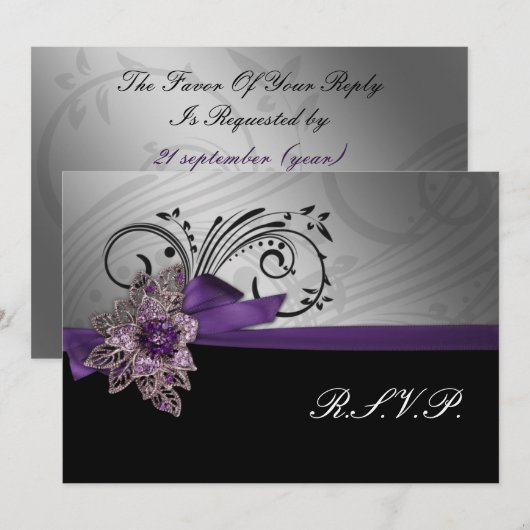 Paarse FAUX ribbon  broch Wedding Kaart (Voorkant / Achterkant)