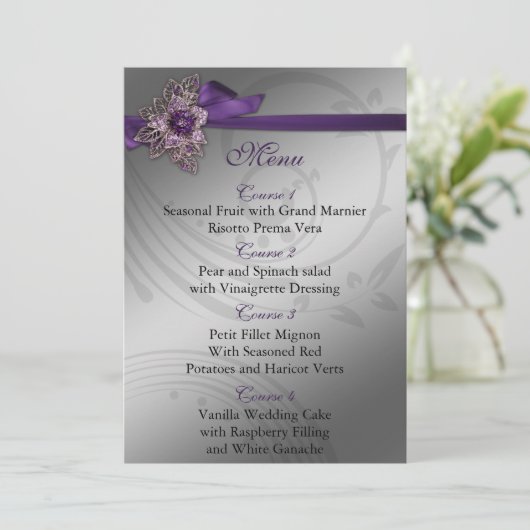 Paarse FAUX ribbon  broch Wedding Menu (Staand voorkant)