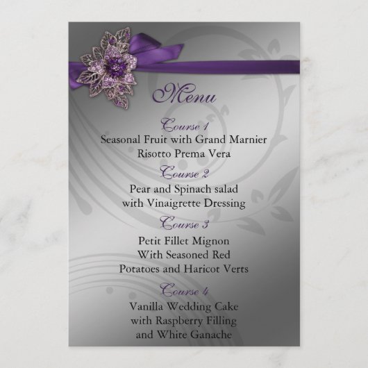 Paarse FAUX ribbon  broch Wedding Menu (Voorkant)