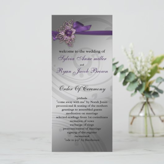 Paarse FAUX ribbon  broch Wedding Programmakaart (Staand voorkant)