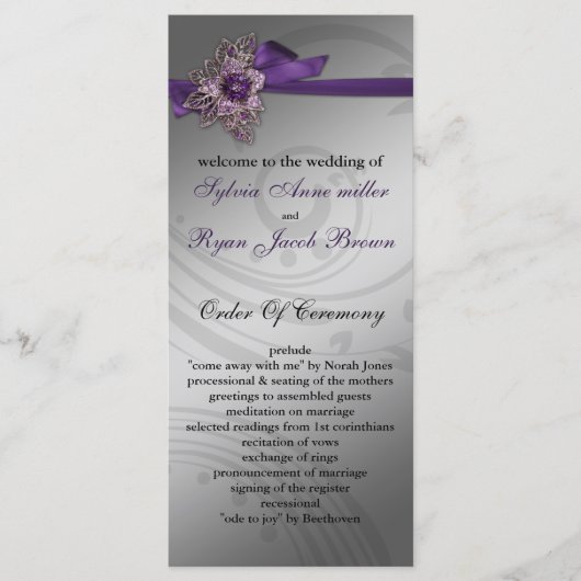 Paarse FAUX ribbon  broch Wedding Programmakaart (Voorkant)