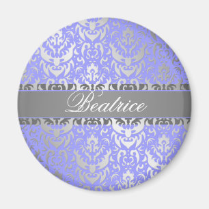 Paarse Faux Shimmer Silver Damask met Jouw naam Magneet