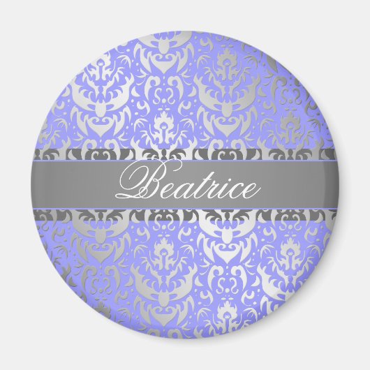 Paarse Faux Shimmer Silver Damask met Jouw naam Magneet (Voorkant)