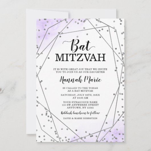Paarse Faux Silver Glitter Geometric Bat Mitzvah Kaart (Voorkant)