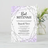 Paarse Faux Silver Glitter Geometric Bat Mitzvah Kaart (Staand voorkant)