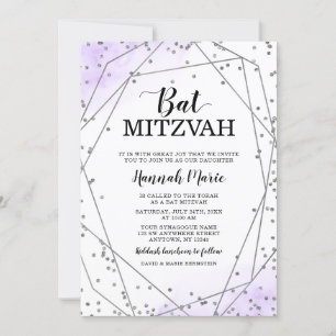 Paarse Faux Silver Glitter Geometric Bat Mitzvah Kaart
