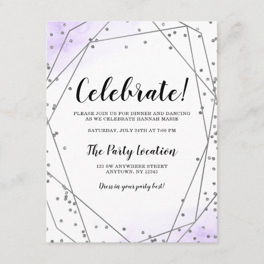 Paarse Faux Silver Glitter Geometric Reception Informatiekaartje (Voorkant)