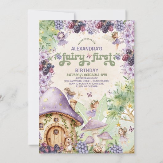 Paarse fee eerste bes eerste verjaardagsuitnodigin kaart (Voorkant)