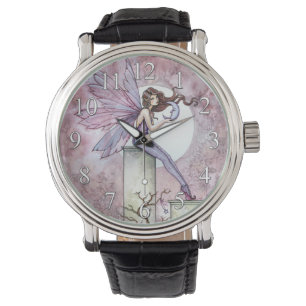 Paarse Fee met Kleine Maan Fantasie Kunst Horloge