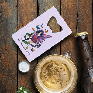 Paarse fee paddenstoel vlinders creditkaart flessenopener