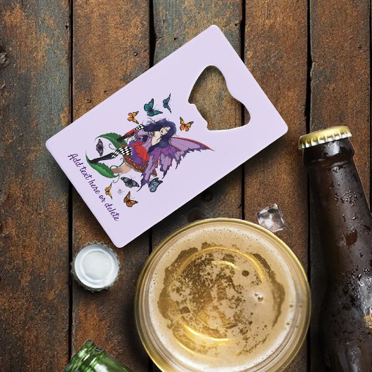 Paarse fee paddenstoel vlinders creditkaart flessenopener