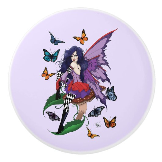 Paarse fee paddenstoel vlinders keramische knop (Voorkant)