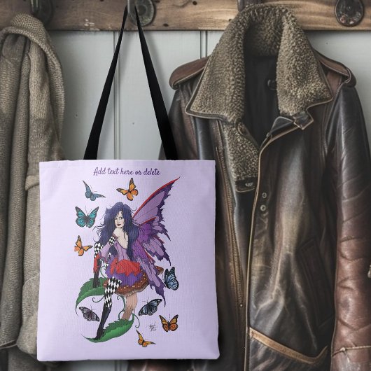 Paarse fee paddenstoel vlinders tote bag