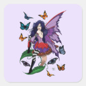 Paarse fee paddenstoel vlinders vierkante sticker (Voorkant)