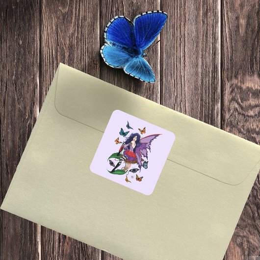 Paarse fee paddenstoel vlinders vierkante sticker
