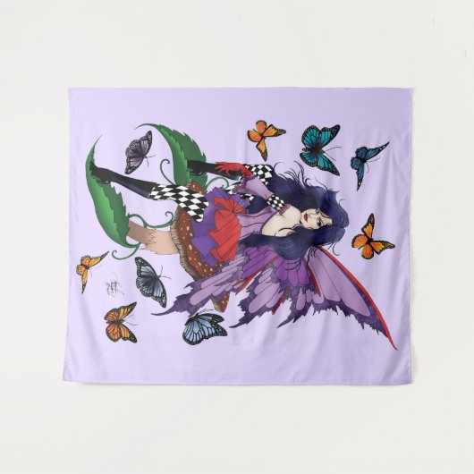 Paarse fee paddenstoel vlinders wandkleed (Voorkant (horizontaal))