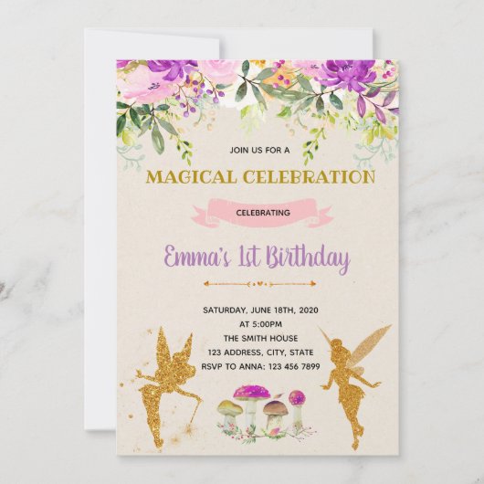 Paarse feeënverjaardagsuitnodiging kaart (Voorkant)