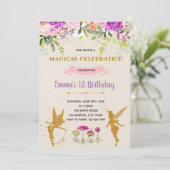 Paarse feeënverjaardagsuitnodiging kaart (Staand voorkant)