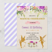 Paarse feeënverjaardagsuitnodiging kaart (Voorkant / Achterkant)