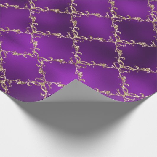 Paarse feestdag Gold Glitter Damask Gift Cadeaupapier (Hoek)