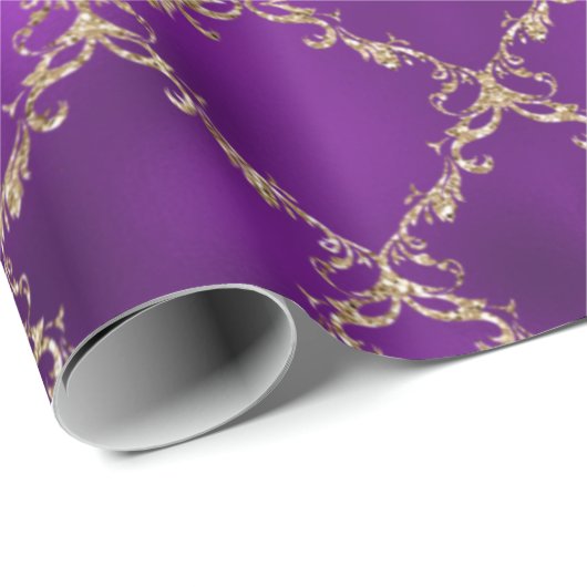 Paarse feestdag Gold Glitter Damask Gift Cadeaupapier (Rol Hoek)