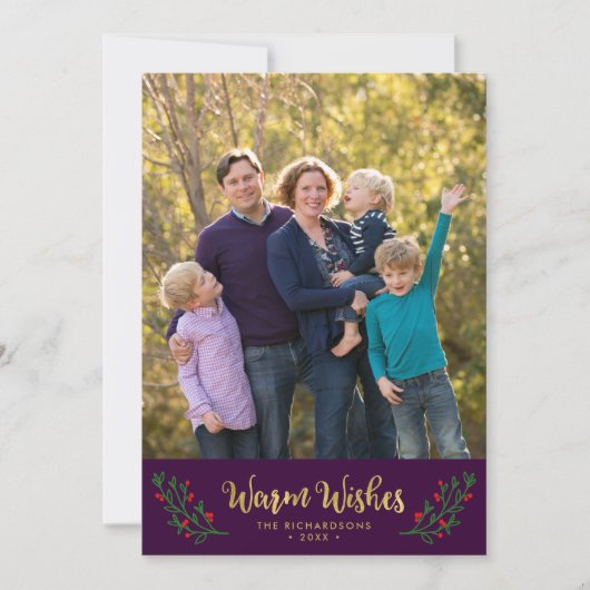 Paarse Feestelijke Bladversiering Warme Wensen Vak Feestdagenkaart (Voorkant)