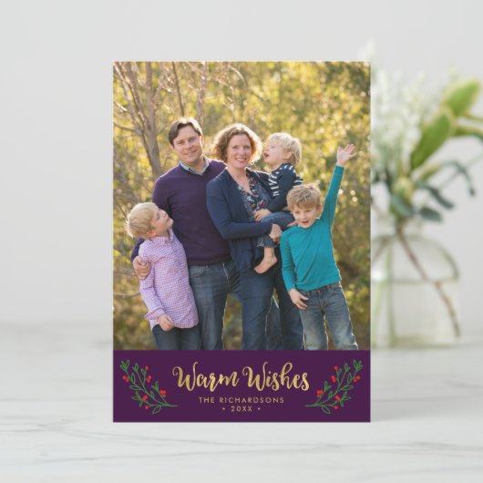 Paarse Feestelijke Bladversiering Warme Wensen Vak Feestdagenkaart (Staand voorkant)