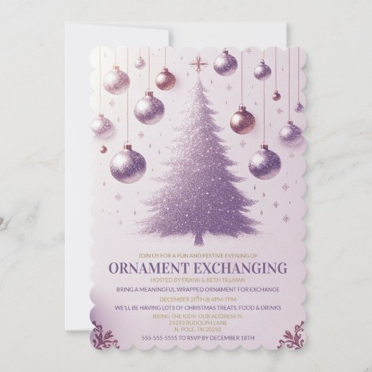 Paarse feestelijke kerst ornament exchange party kaart (Voorkant)