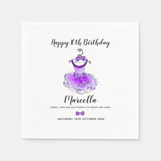 Paarse feestjurk meisjes 10e verjaardagsfeest servet (Voorkant)