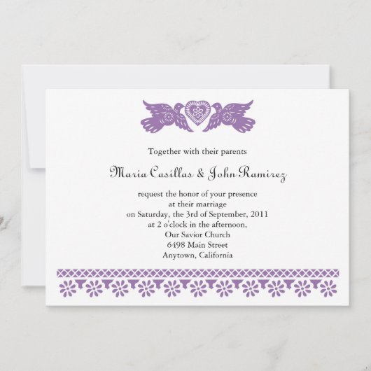 Paarse Felicidades Tortelduifjes Papel Picado Kaart (Voorkant)