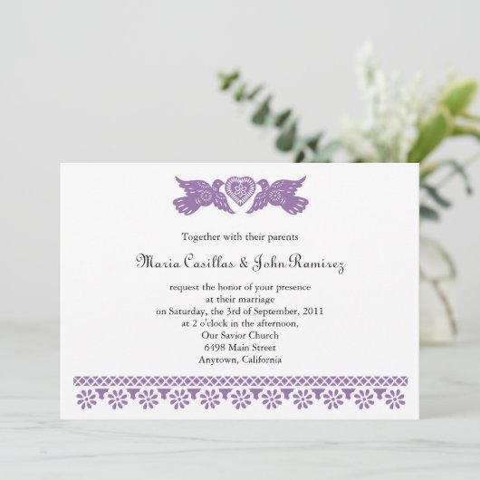 Paarse Felicidades Tortelduifjes Papel Picado Kaart (Staand voorkant)