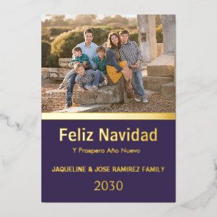 Paarse Feliz Navidad Spaanse familiefoto Goud Folie Feestdagenkaart