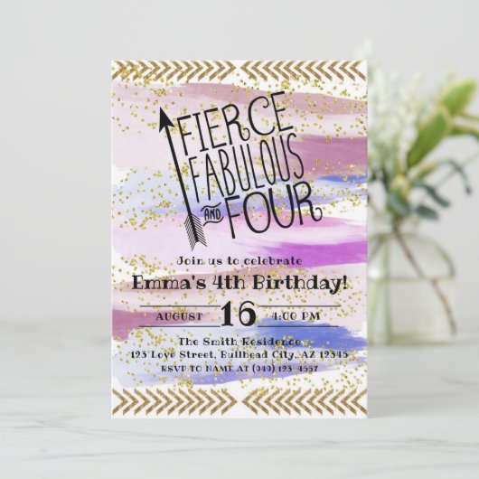 Paarse Fierce Fabulous en vier vierde verjaardag Kaart (Staand voorkant)