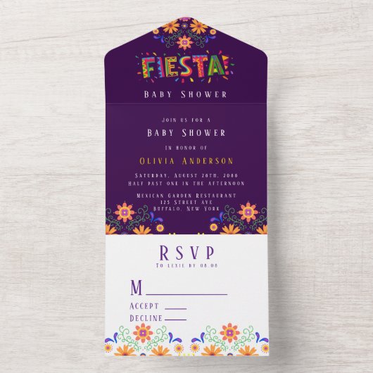 Paarse Fiesta Floral Baby shower All In One Uitnodiging (Binnen)