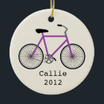 Paarse fiets gepersonaliseerd versieringsmiddel keramisch ornament<br><div class="desc">Een versiering met een afbeelding van een paarse fiets.  Personaliseer met jouw naam onder de fiets.</div>