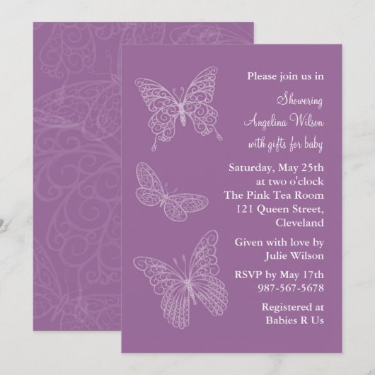 Paarse Filigree Butterflies Kaart (Voorkant / Achterkant)