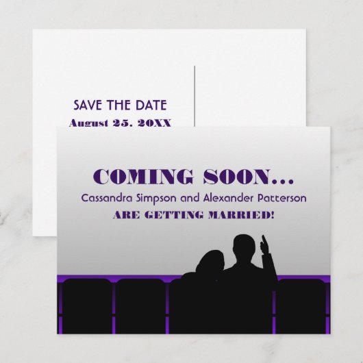 Paarse filmbioscoop Het Briefkaart Datum opslaan (Voorkant / Achterkant)