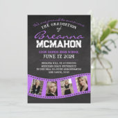 Paarse Filmstrip Chalkboard Afstudeerder Aankondig Kaart (Staand voorkant)