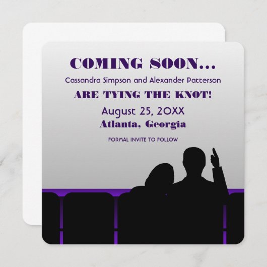 Paarse filmtheater Sla de datum op Save The Date (Voorkant / Achterkant)