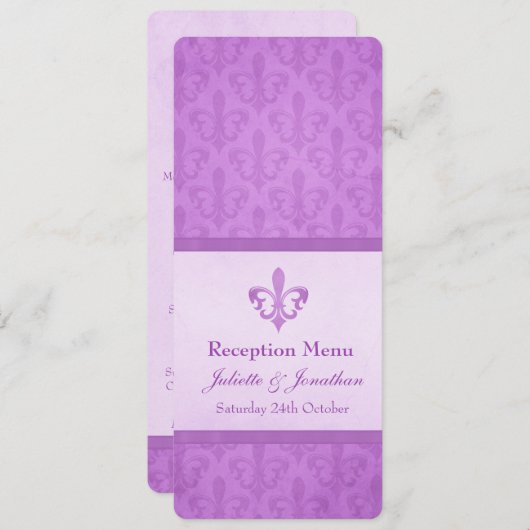 Paarse Fleur De Lis bruiloft receptie diner menu Kaart (Voorkant / Achterkant)