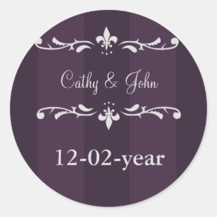 Paarse fleur de lis Bruiloft Ronde Sticker