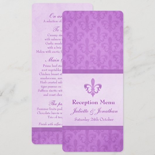 Paarse Fleur De Lis bruiloftsreceptie dinermenu Kaart (Voorkant / Achterkant)