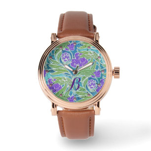 PAARSE FLEUR DE LIS , GROENE LEZEN AQUA BLUE FLORA HORLOGE