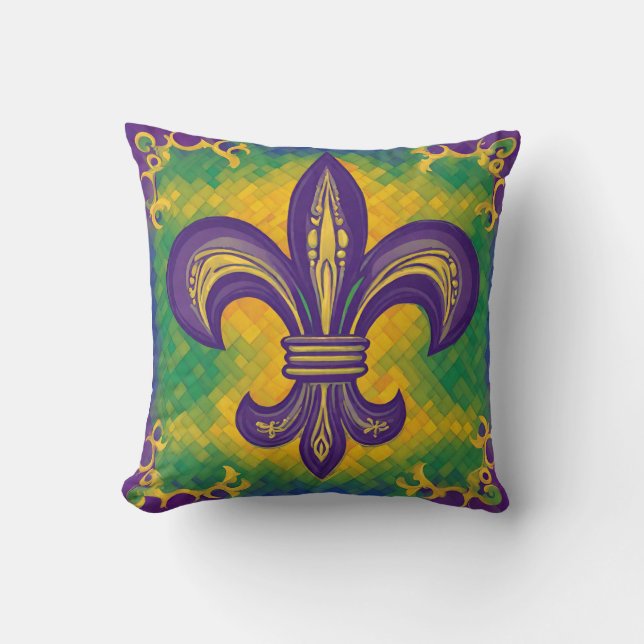 Paarse Fleur de Lis Mardi Gras Kussen (Voorkant)