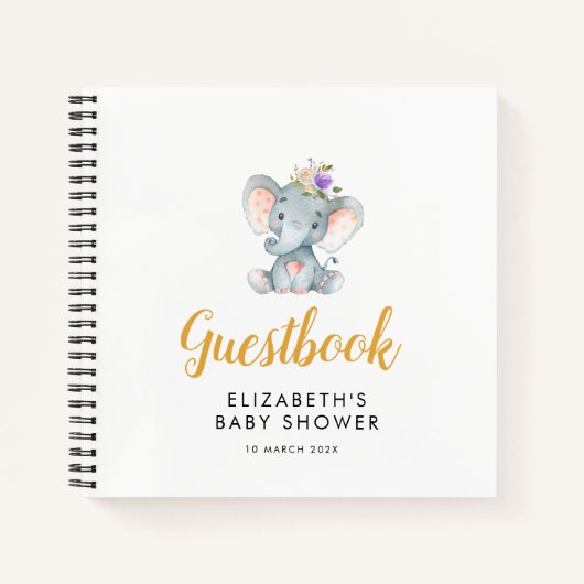 paarse flora baby shower gastboek kleine olifant notitieboek (Voorkant)
