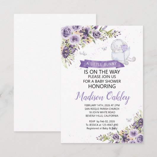 Paarse flora een klein Baby shower Aankondiging (Voorkant / Achterkant)