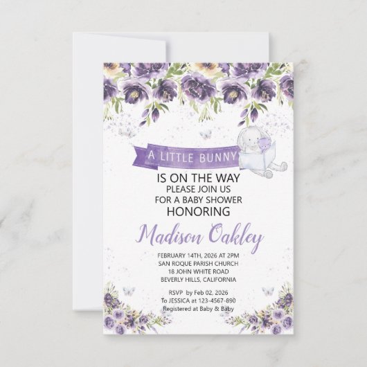 Paarse flora Een klein Bunny Baby shower kondigt a Aankondiging (Voorkant)