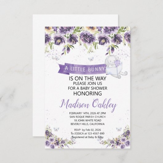 Paarse flora Een klein Bunny Baby shower kondigt a Aankondiging (Voorkant / Achterkant)